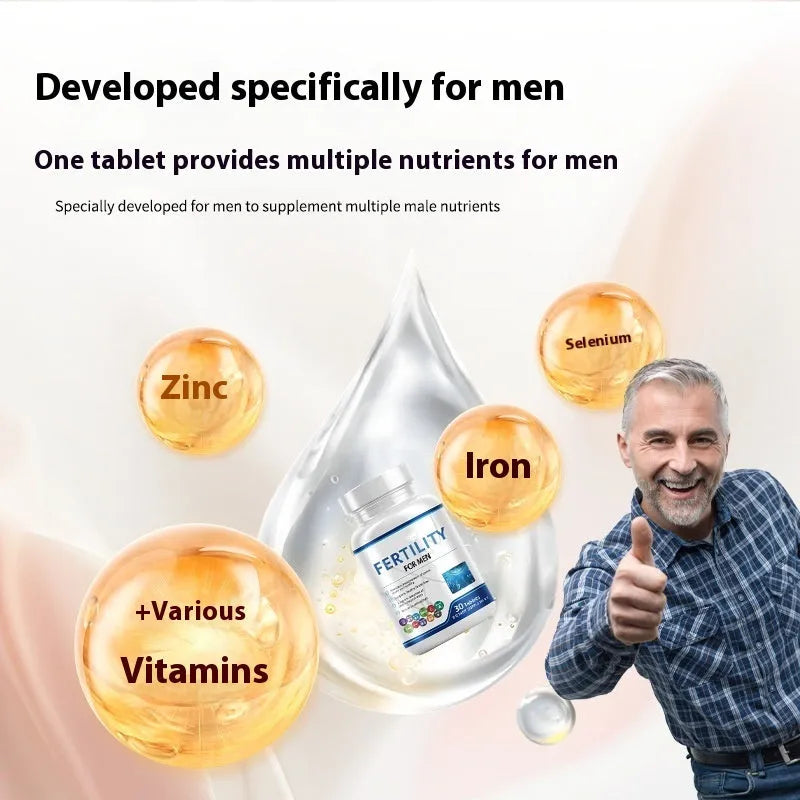 Bottle of 60 male fertility tablets with vitamin mineral amino acid formula