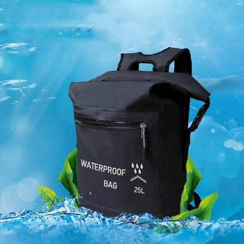 Black 25L waterproof dry bag backpack for swimming river tracing and rafting
