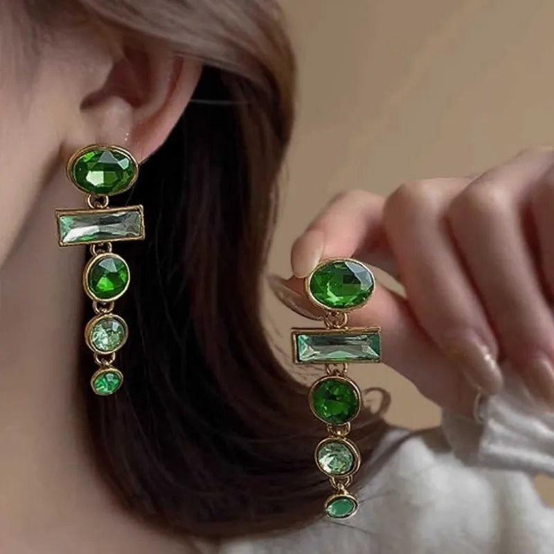 Retro geometric green gradient alloy earrings with tassel design and inlaid zircon stones