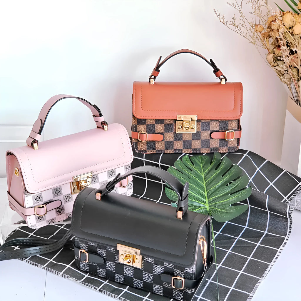 Square patterned ethnic crossbody bag in PU leather with floral stitching and file compartment