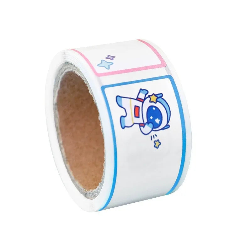 Roll of cartoon tape name stickers with dinosaur astronaut rabbit girl print designs for organisation