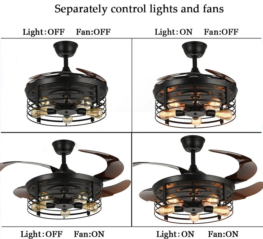 Industrial-style 42-inch ceiling fan lamp with invisible acrylic blades and integrated light shade