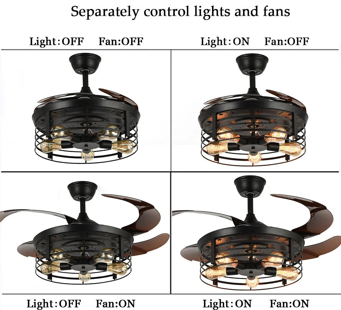 Industrial-style 42-inch ceiling fan lamp with invisible acrylic blades and integrated light shade