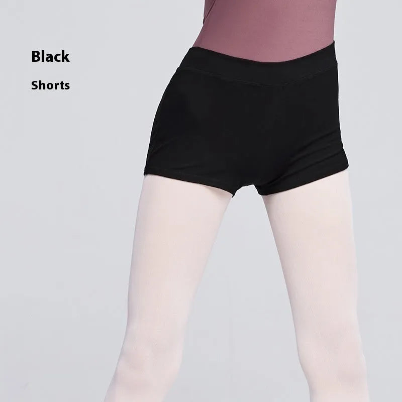 Black cotton women's dance practice shorts laid flat, shown in a solid colour.