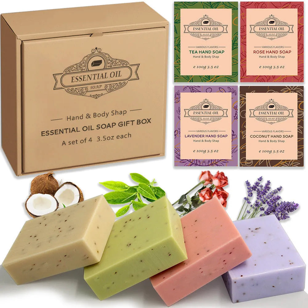 Handmade plant essential oil soap bars in coconut, green tea, lavender, and rose scents