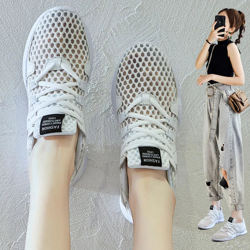 Low top hollow mesh sneakers with round toe and flat heel in breathable summer design