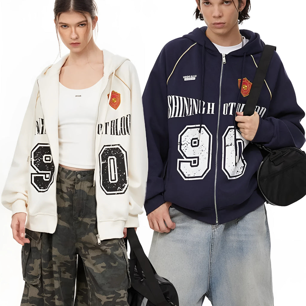 Women's loose American retro style hooded cardigan jacket with letter embroidery in cotton blend fabric