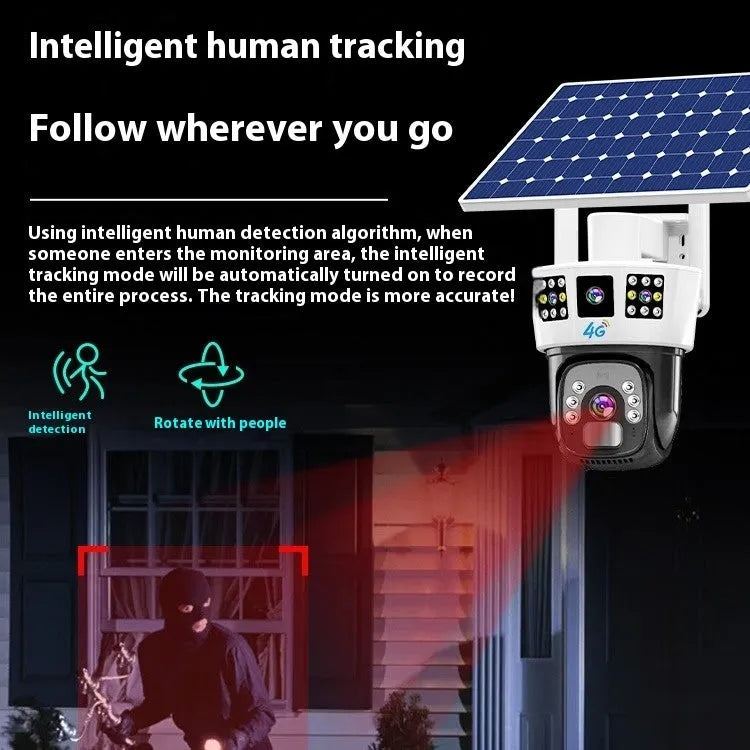 Solar-powered binocular surveillance camera for outdoor security monitoring