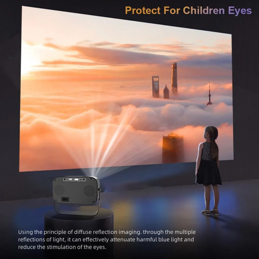Black portable HD projector with remote control and multiple international power plugs