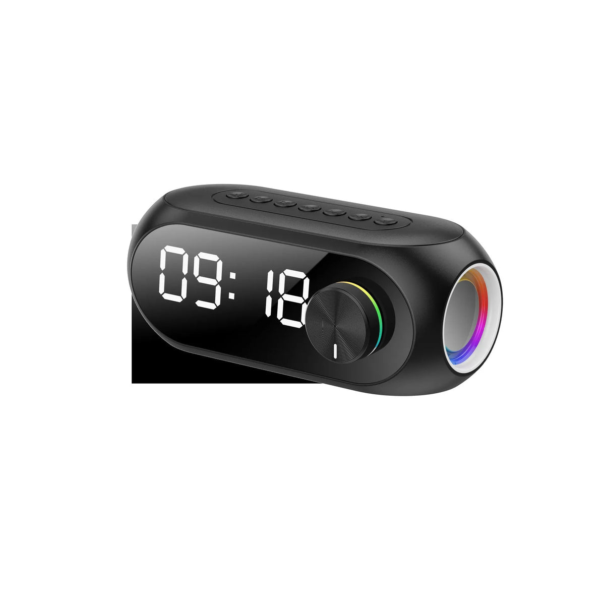 S8 series portable mini clock speaker in black, white, or blue colour with digital display and USB cable.