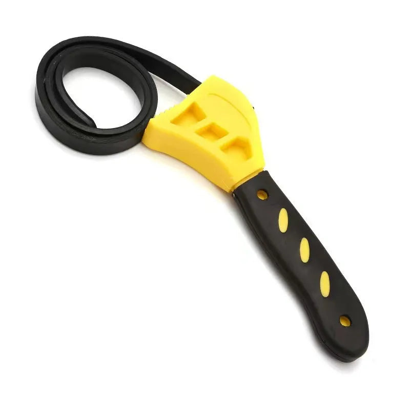 A 6-inch and an 8-inch adjustable rubber strap wrench with plastic handles on a workbench.