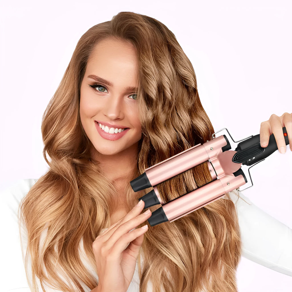 Three-barrel water wave hair curler styling tool with wired power cord for curly and straight hair