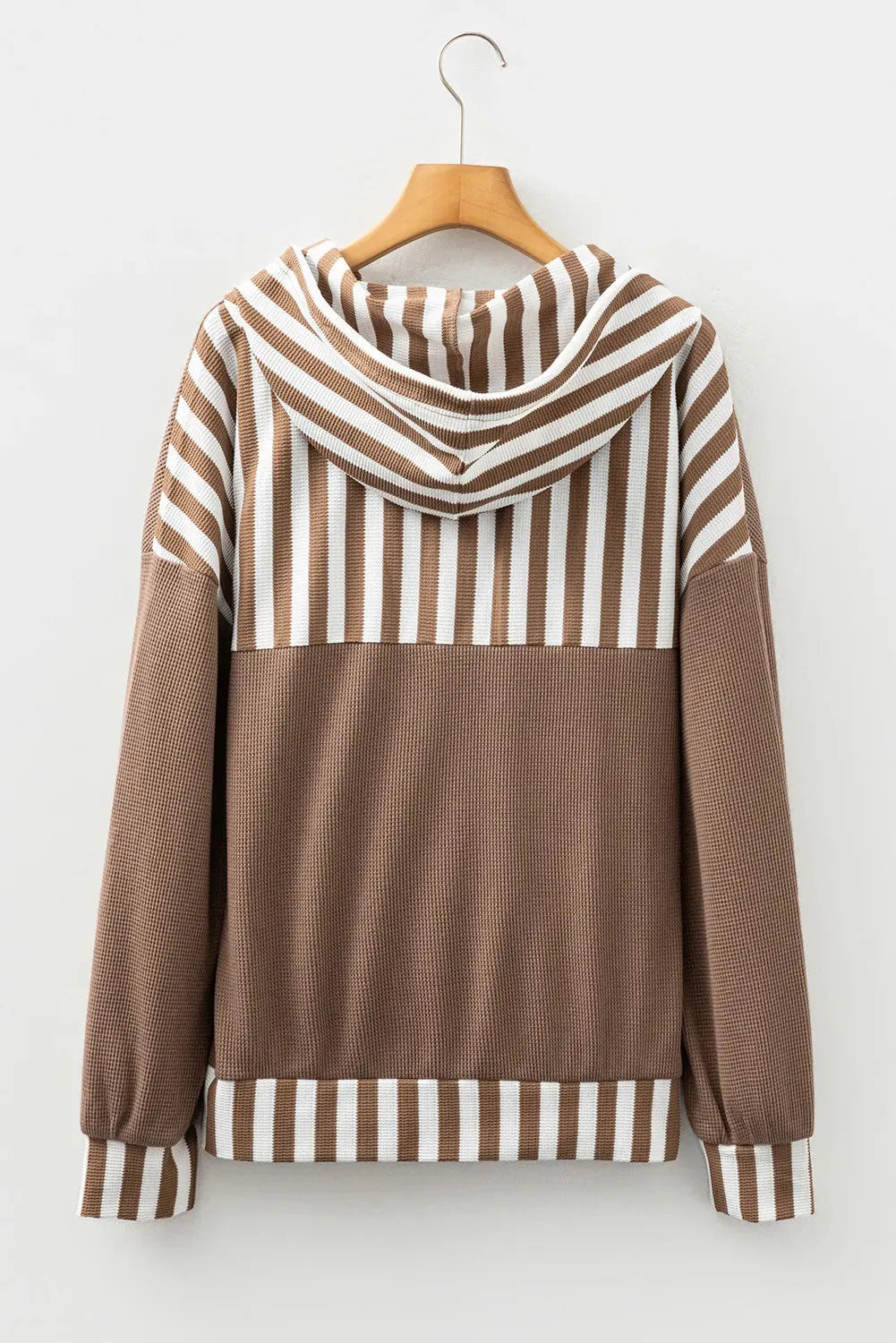 Straw yellow waffle texture hoodie with patchwork stripes, button neck, and drawstring hood