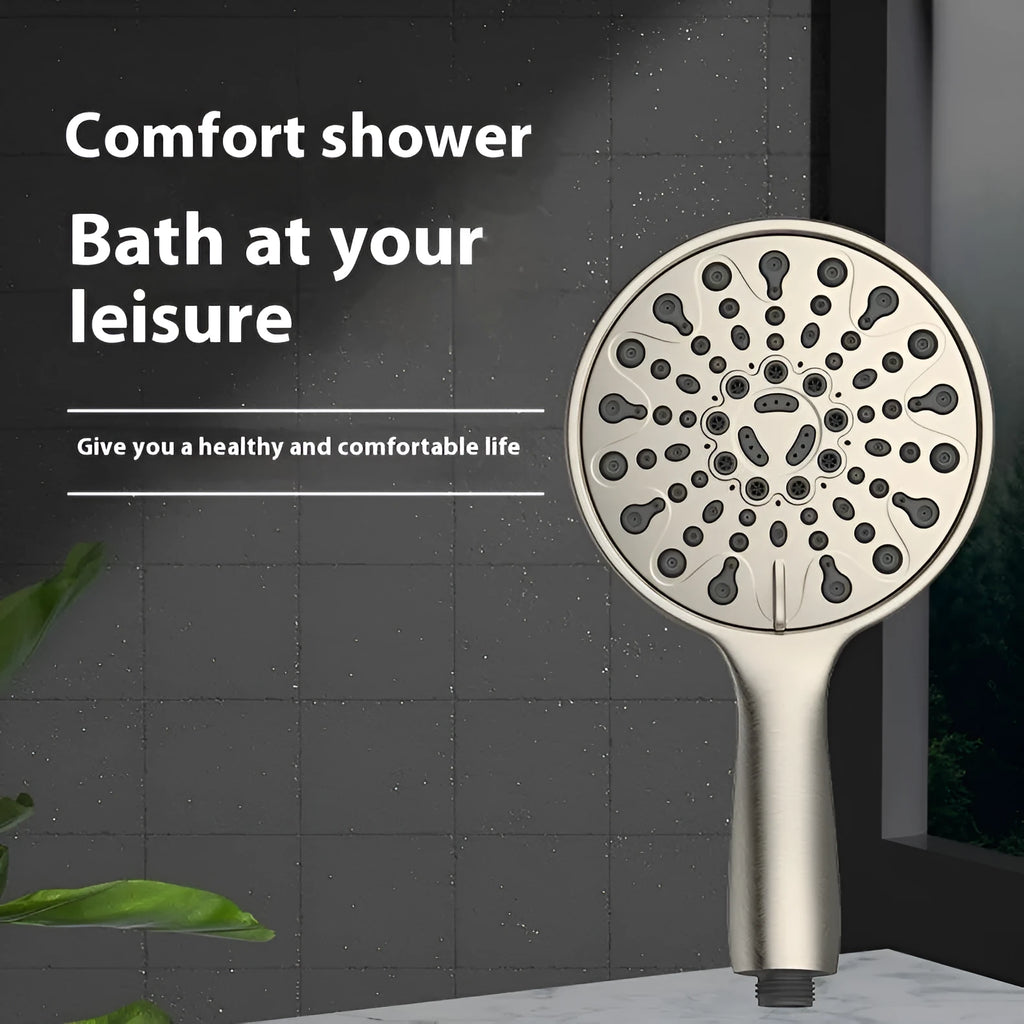 Six-function handheld shower head with electroplated metallic finish