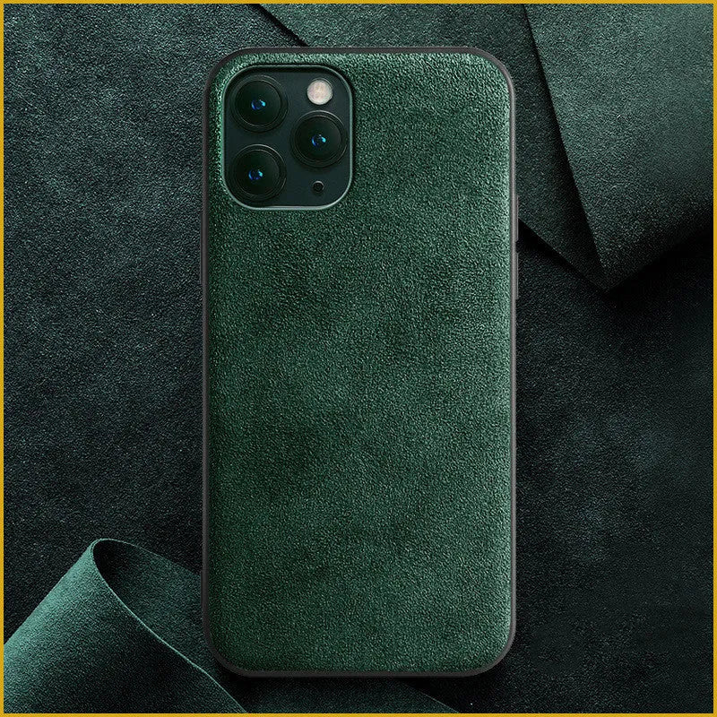 Suede full-cover iPhone case in dark blue, dark night green and elegant black colours.