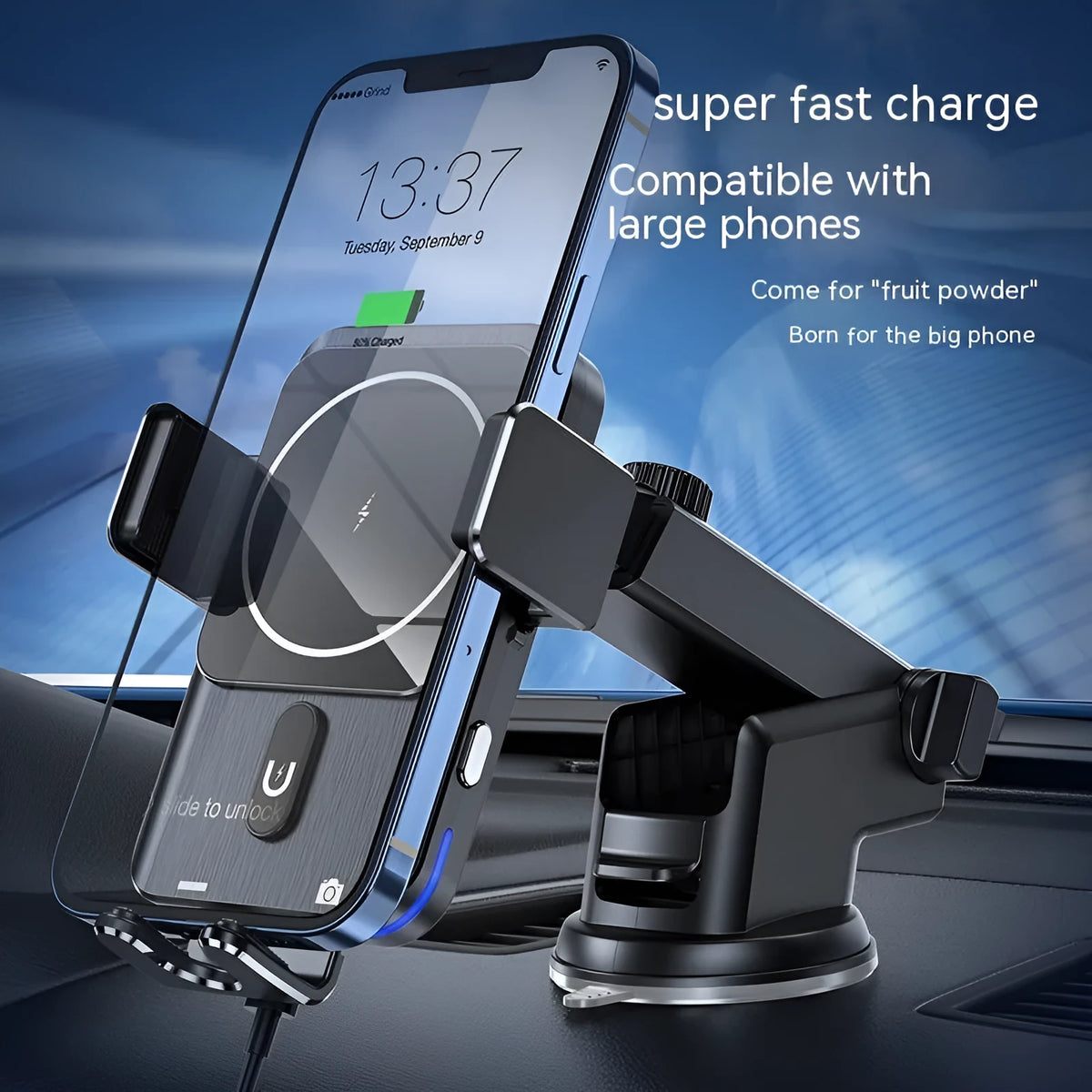 Black car wireless phone charger mounted on dashboard with suction cup