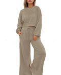 Women's solid colour polyester two-piece trouser set with long sleeve top in six colour options