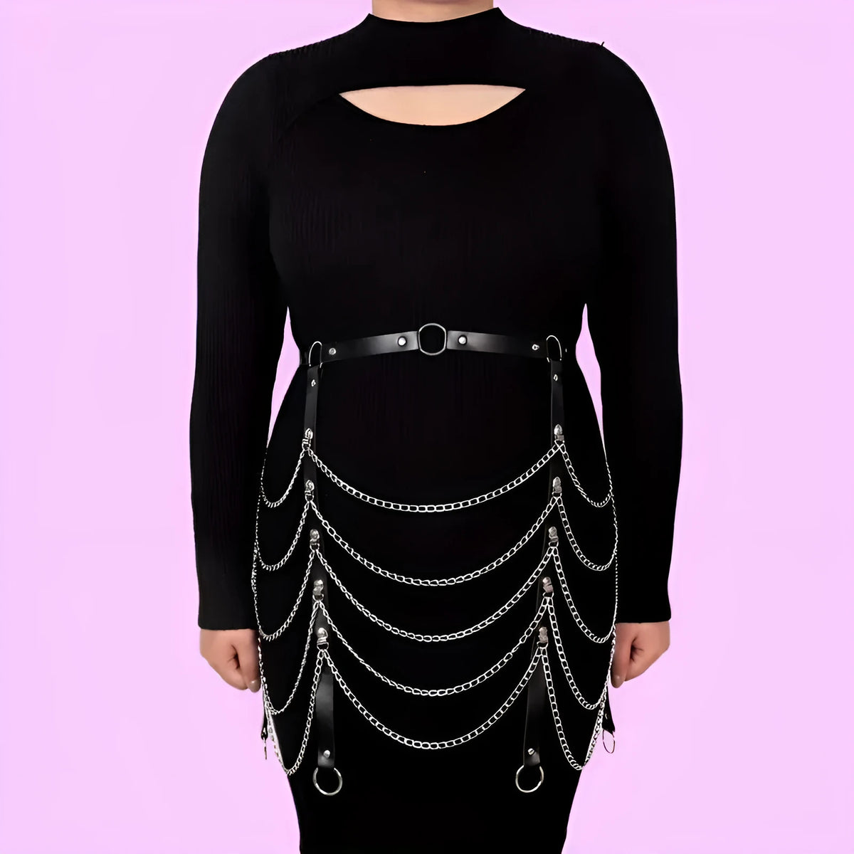 Black PU leather bandage style waist chain with silver metal links for adult female fashion.