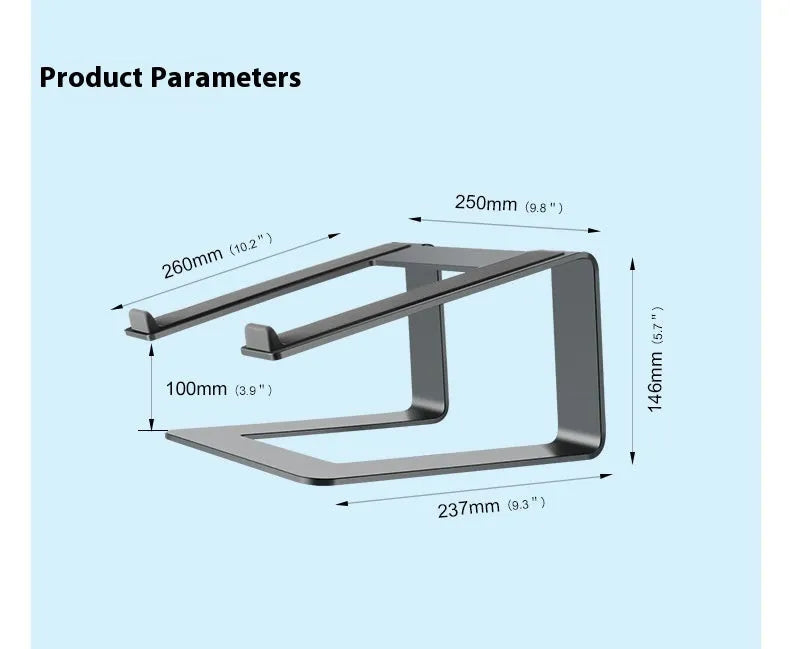 Black aluminium laptop stand elevating notebook with improved ventilation space underneath