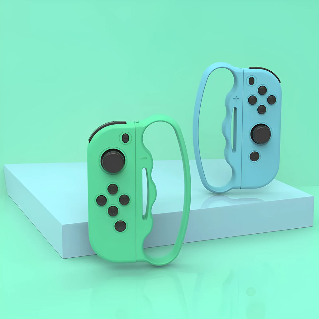 Two black Nintendo Switch Joy-Con controller grips with hand ropes attached for boxing game security