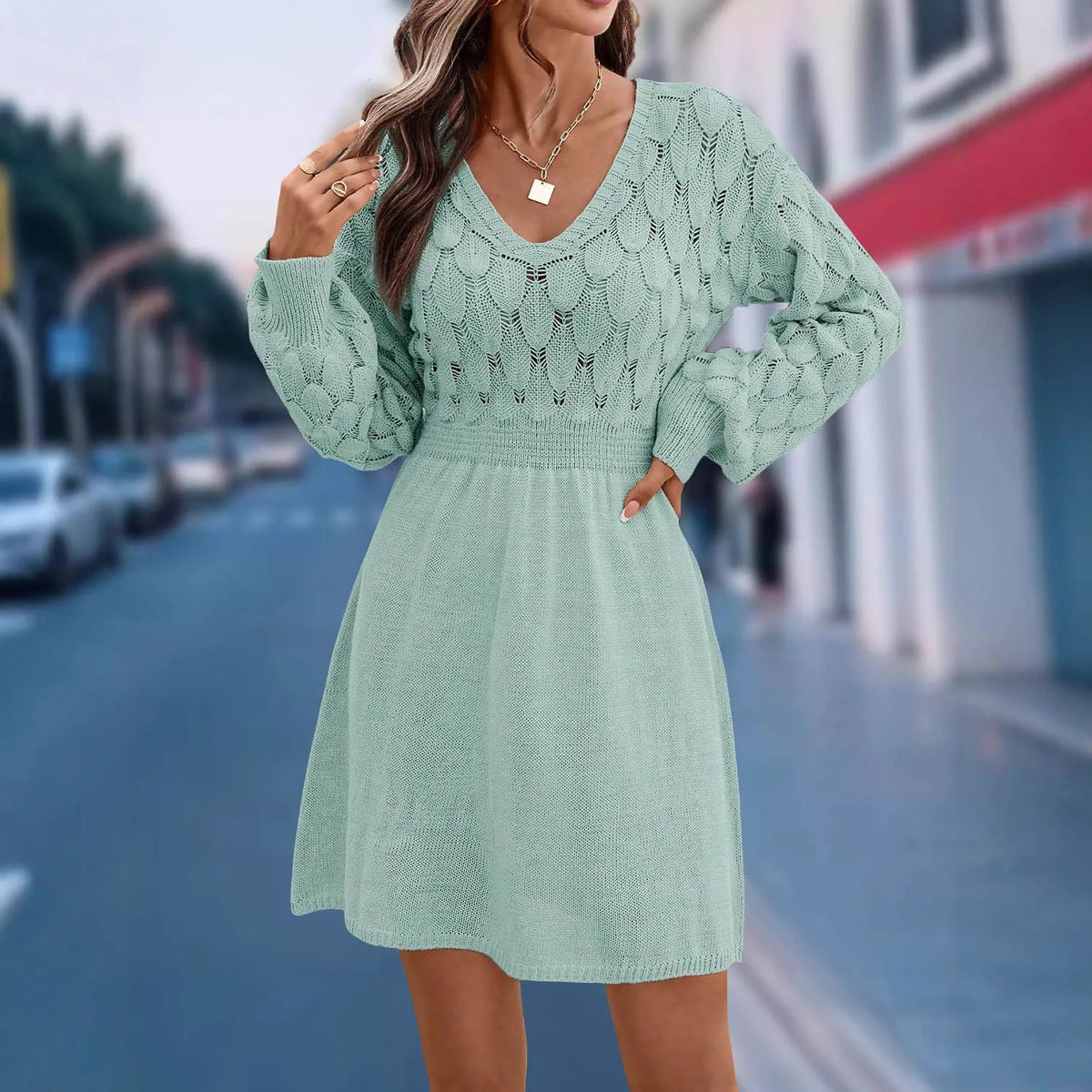 Women's artistic retro V-neck long sleeve dress with 3D pattern in acrylic fabric
