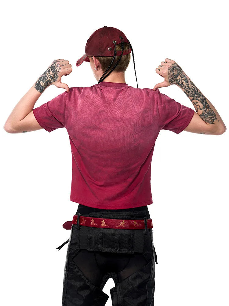 Men's red slim-fit distressed t-shirt with washed finish and short sleeves