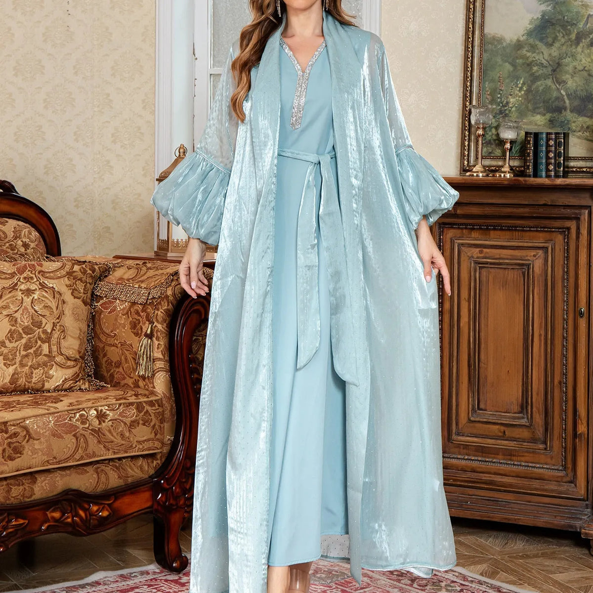 Blue Dubai two-piece Arabic dress with rhinestone embellishment and long sleeves