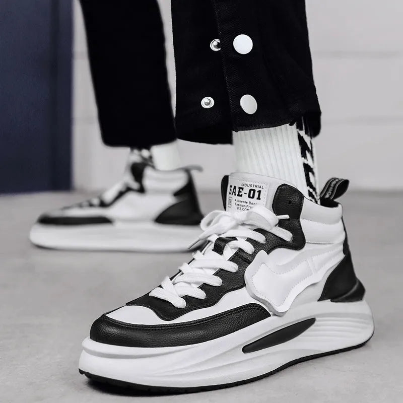 Men's black platform high-top casual shoe with round toe and artificial PU upper