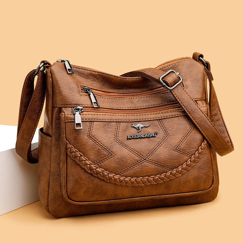 Soft PU leather women's shoulder bag in a horizontal square shape with a large capacity.