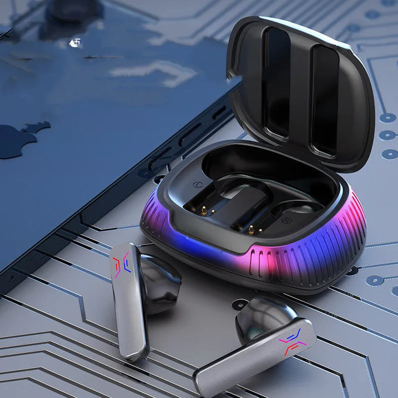 Hall Flashing black and white wireless in-ear gaming headsets with charging cable.