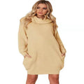 Apricot coloured pullover sweater with lapel neckline and side pockets on mannequin