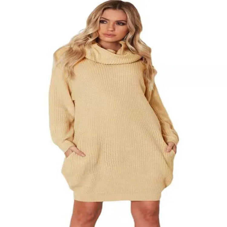 Apricot coloured pullover sweater with lapel neckline and side pockets on mannequin