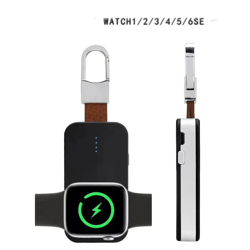 Black Apple Watch wireless charging power bank with keychain attachment for portable use