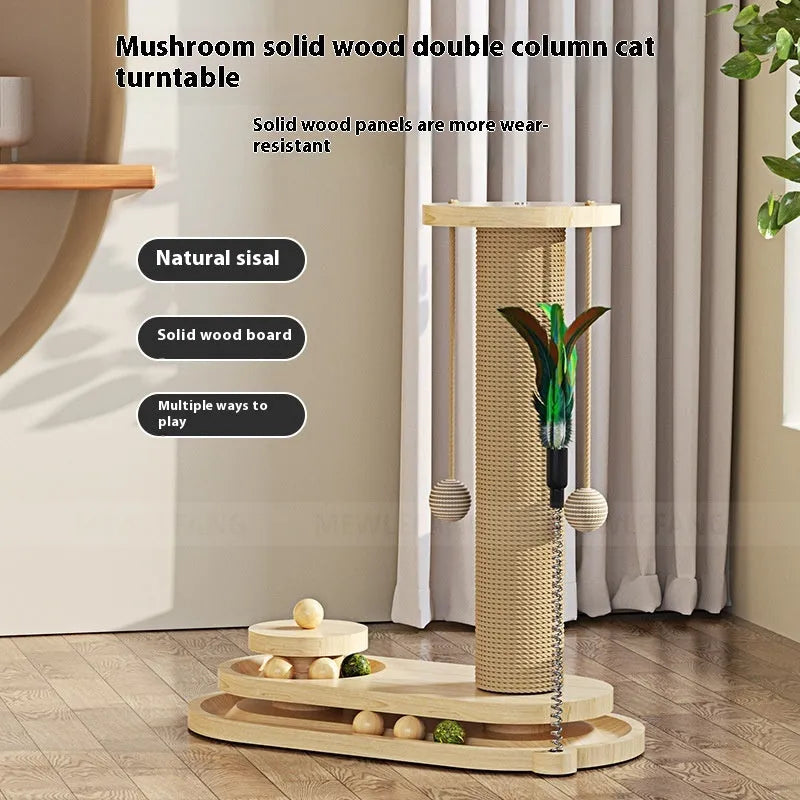 Solid wood cat scratching post with a rotating turntable, designed as a climbing frame for large cats.