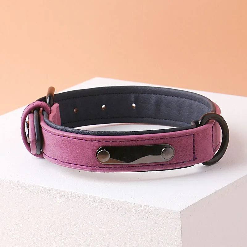 Adjustable double-layer dog collar in purple, showing PU front and microfiber back, with a buckle.