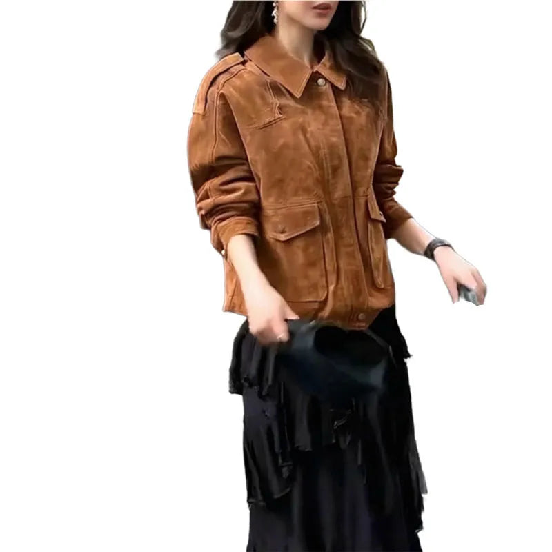 Women's brown suede-look coat with regular sleeves shown in S-3XL size range