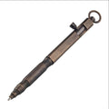 Brass tactical pen with hexagonal bolt design and machine gun aesthetic on a dark background.