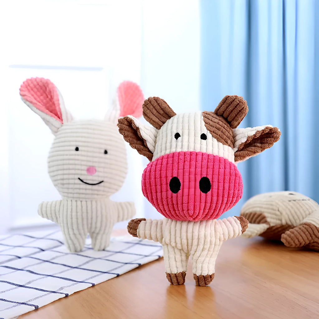 Animal shape plush squeaky dog chew toy in multiple colours for small and medium dogs