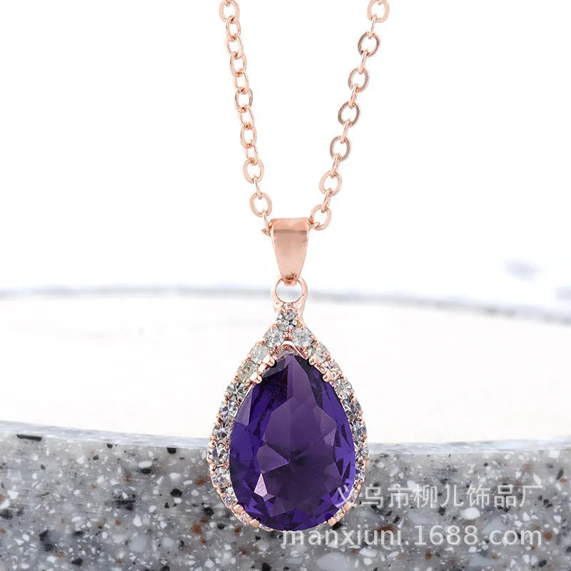 Rose gold pink women's geometric rhinestone necklace with drop shape pendant
