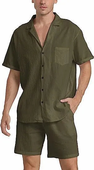 Men's black summer shorts suit with short-sleeved top and matching casual shorts