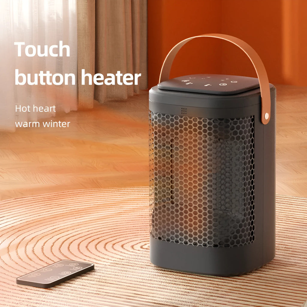 Grey digital hot and cold air heating radiator with touch screen display and remote control.