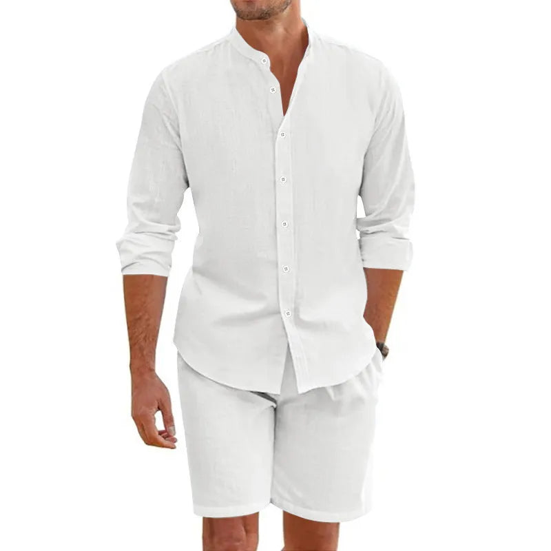 Men's dark grey linen-blend short sleeve shirt and drawstring shorts summer suit set