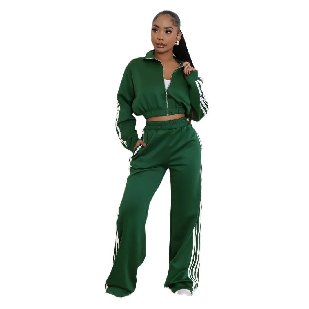 Striped street style two-piece outfit set in polyester fabric with contrast colour elements