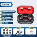 Black Bluetooth wireless headset with earplug design next to its white charging case on a table.