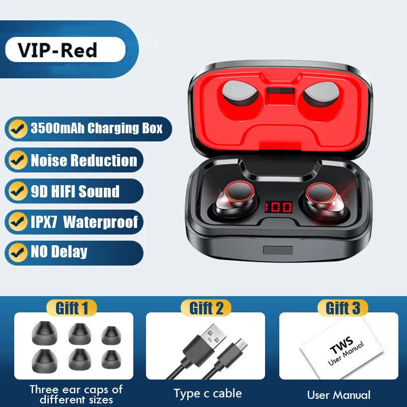 Black Bluetooth wireless headset with earplug design next to its white charging case on a table.