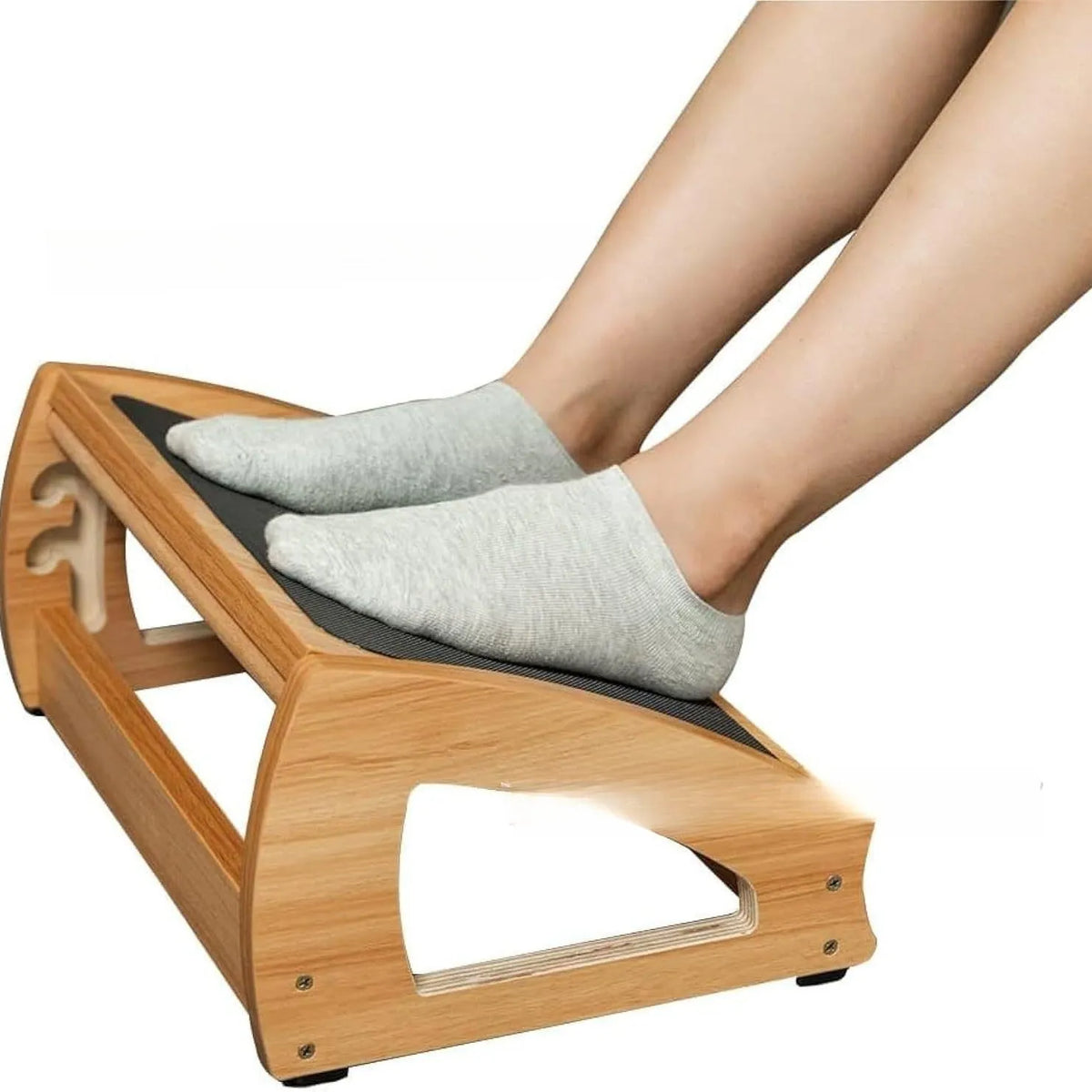 Wooden bamboo office desk footstool in natural wood colour with modern simple design