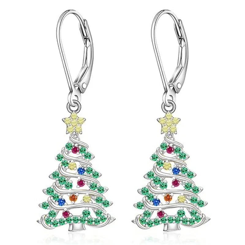 Women's Christmas tree earring pendants in white gold colour with star-shaped design on copper