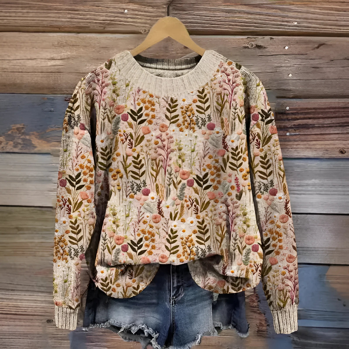 Women's grey round neck sweater with a small white digital flower print pattern.