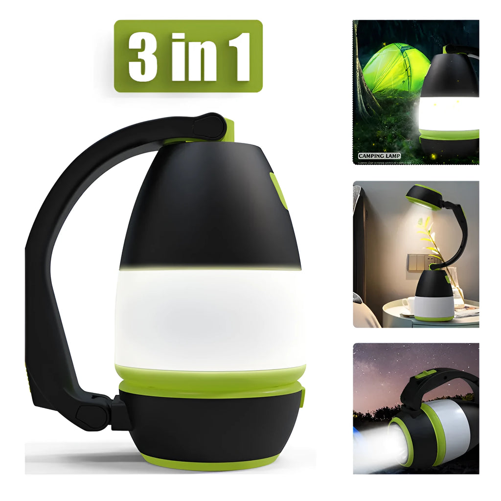 Black Green foldable 3-in-1 LED table lamp showing adjustable head and USB port