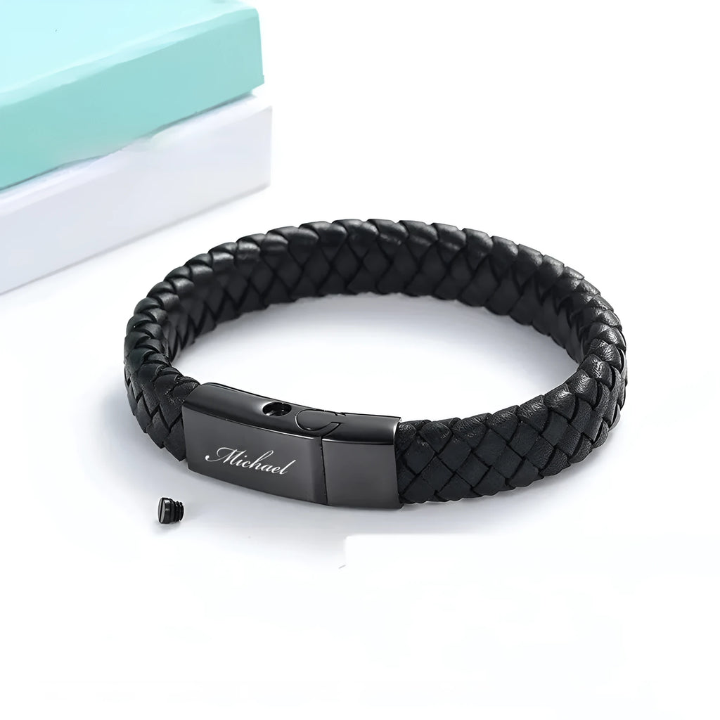 Black leather and stainless steel woven casket bracelet with engraved text in gift box